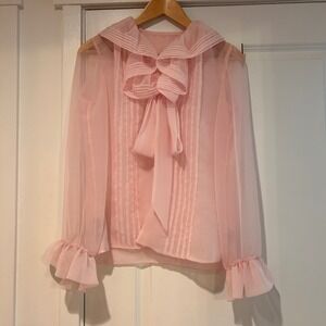 Vintage Levino Verna Sheer Ruffle Collar Bow Blouse Pintuck 6 Victorian Coquette